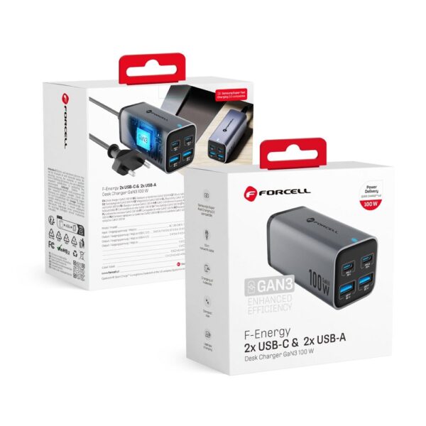 FORCELL GaN III VT-51 desktop charger 2 x Type C + 2 x USB A PD QC4.0 SFC2.0 5A 100W gray