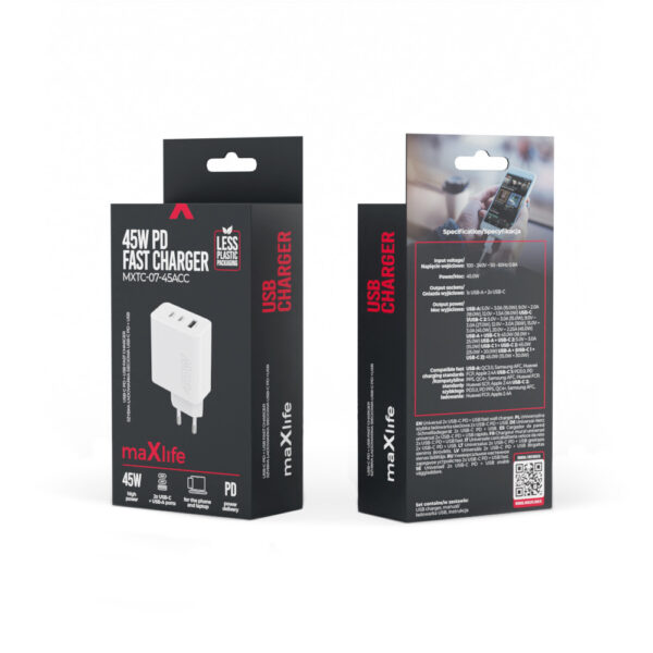 Maxlife MXTC-07-45ACC PD QC charger 2x USB-C 1x USB 45W white