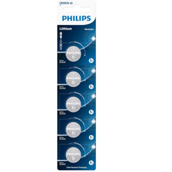 PHILIPS CR2025 3V 160mAh ΜΠΑΤΑΡΙΑ ΛΙΘΙΟΥ  Καρτέλα 5 τεμ